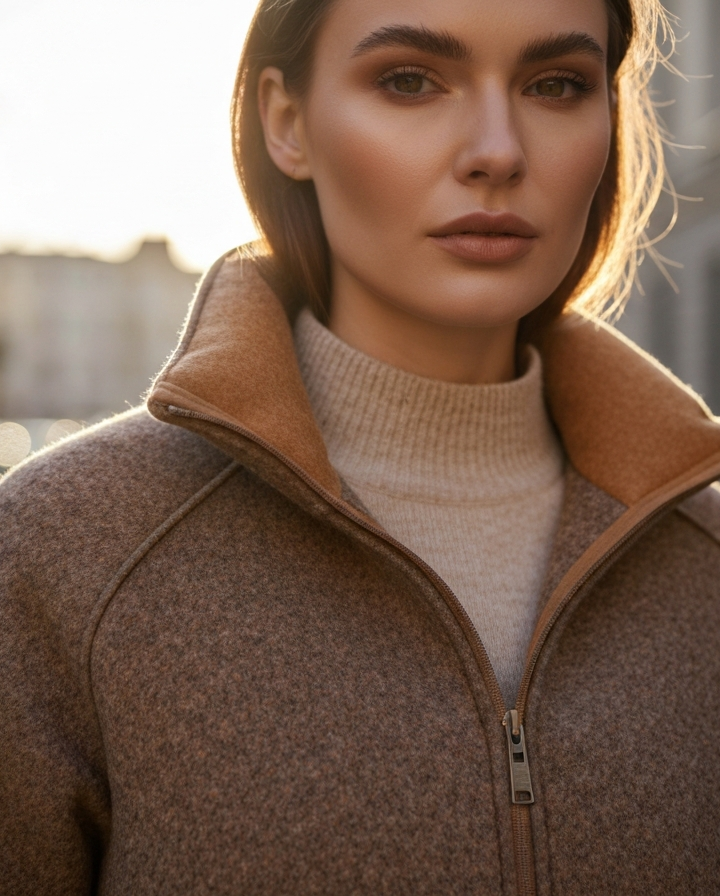 Kobieta w modnej jesiennej kurtce stoi na ulicy w naturalnym świetle o zmierzchu.