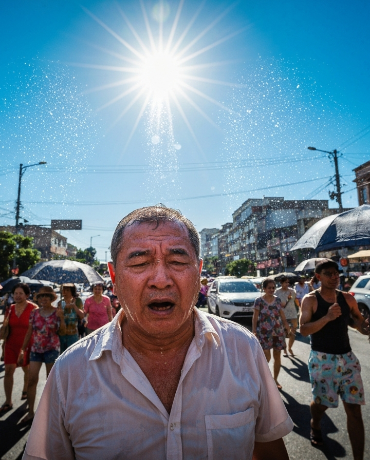 Osoba pocąca się w upale na zatłoczonym miejskim deptaku pod ostrym słońcem latem