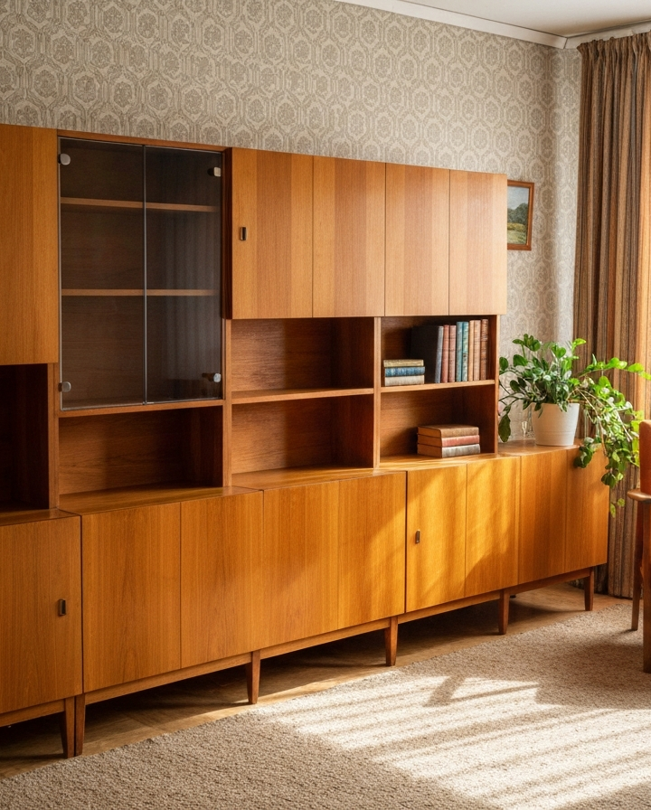 Wnętrze salonu z meblościanką z drewna, fotel vintage i rośliny, w stylu polskim lat 70.