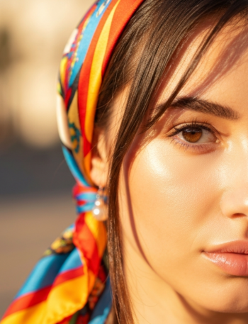 Młoda kobieta w kolorowej jedwabnej chustce, delikatne światło i rozmyte tło na zewnątrz