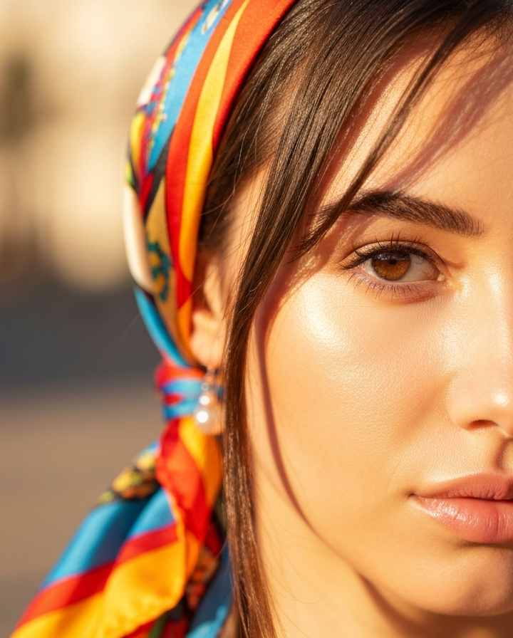 Młoda kobieta w kolorowej jedwabnej chustce, delikatne światło i rozmyte tło na zewnątrz