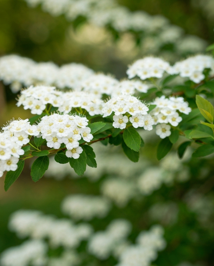 Zbliżenie kwitnącego krzewu tawuły z białymi kwiatami i zielonymi liśćmi w naturalnym otoczeniu ogrodu