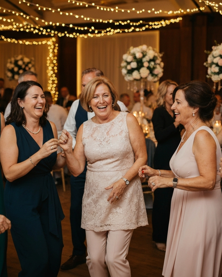 Goście weselni około 50 lat tańczą i śmieją się w eleganckiej sali udekorowanej kwiatami i lampkami.