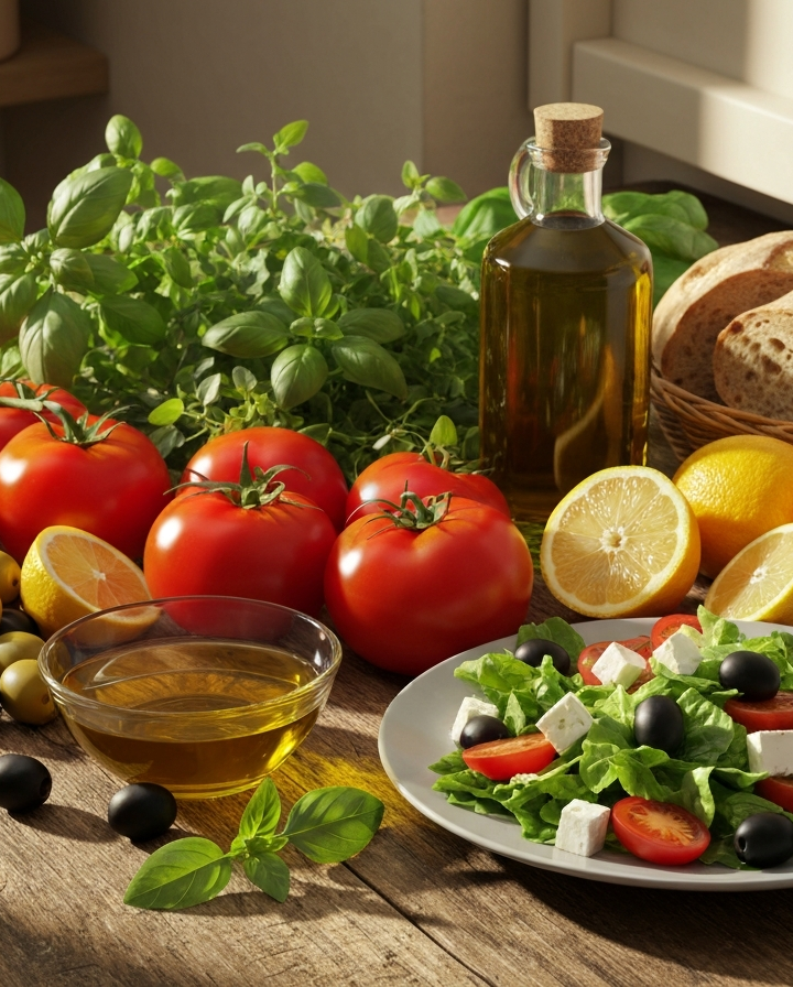 Rustykalny stół z oliwą, warzywami, ziołami i sałatką śródziemnomorską w kuchni z naturalnym światłem.