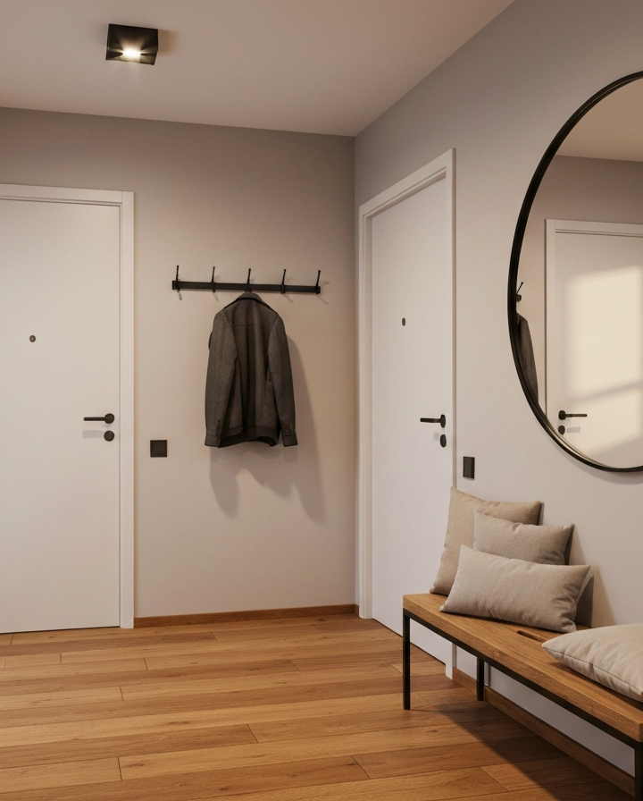 Nowoczesne wnętrze przedpokoju z drewnianą podłogą, białymi drzwiami, lustrem i minimalistyczną ławką.