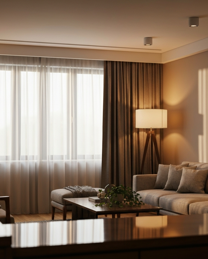 nowoczesny salon z dużym oknem, ciepłym oświetleniem, drewnianymi meblami i zielonymi roślinami