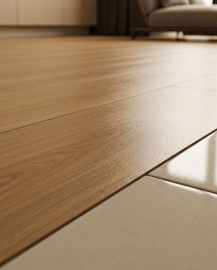 Zbliżenie nowoczesnej podłogi z panelami winylowymi o fakturze drewna i połyskującymi płytkami ceramicznymi.