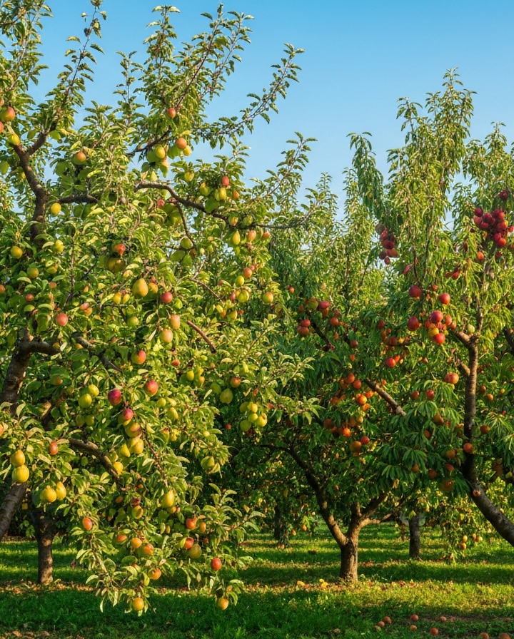 Sad z jabłoniami, gruszami, czereśniami i brzoskwiniami pełen dojrzałych owoców pod niebieskim niebem